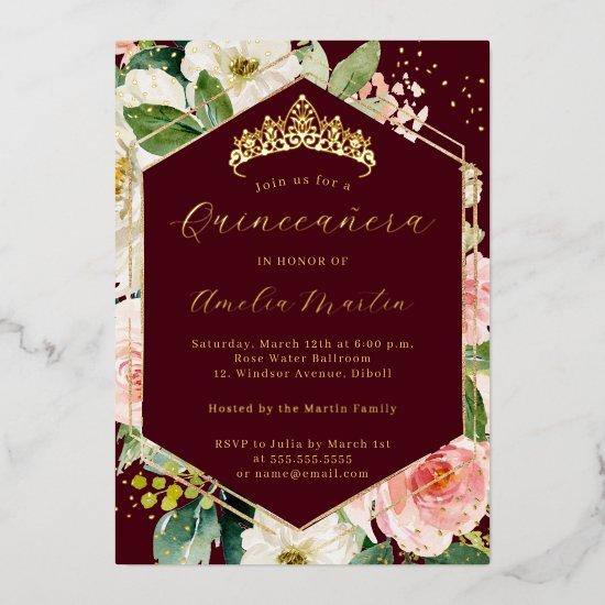 Modern Geo Burgundy Blush Floral Quinceanera  Foil