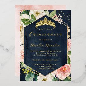 Modern Geo Navy Blush Floral Quinceanera  Foil