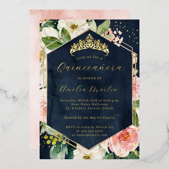 Modern Geo Navy Blush Floral Quinceanera  Foil