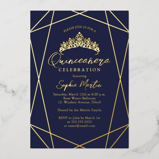 Modern Geometric Navy Gold Quinceanera Foil
