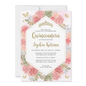 Modern Girly Blush Pink Floral Gold Quinceañera