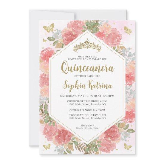 Modern Girly Blush Pink Floral Gold Quinceañera