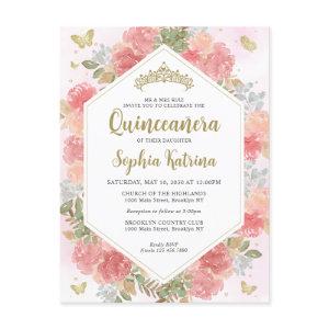 Modern Girly Blush Pink Floral Gold Quinceañera Postcard