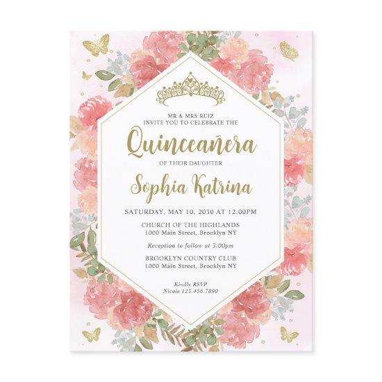 Modern Girly Blush Pink Floral Gold Quinceañera Postcard