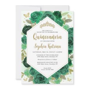 Modern Girly Emerald Green Floral Gold Quinceañera