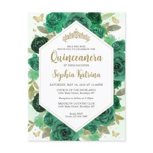 Modern Girly Emerald Green Floral Gold Quinceañera Postcard