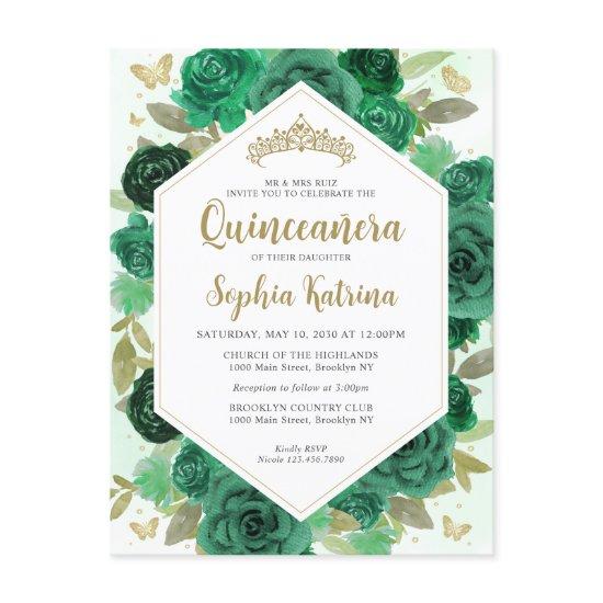 Modern Girly Emerald Green Floral Gold Quinceañera Postcard