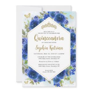 Modern Girly Royal Blue Floral Gold Quinceañera