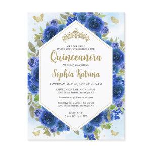 Modern Girly Royal Blue Floral Gold Quinceañera Postcard