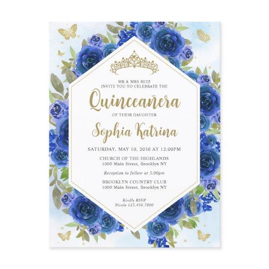 Modern Girly Royal Blue Floral Gold Quinceañera Postcard