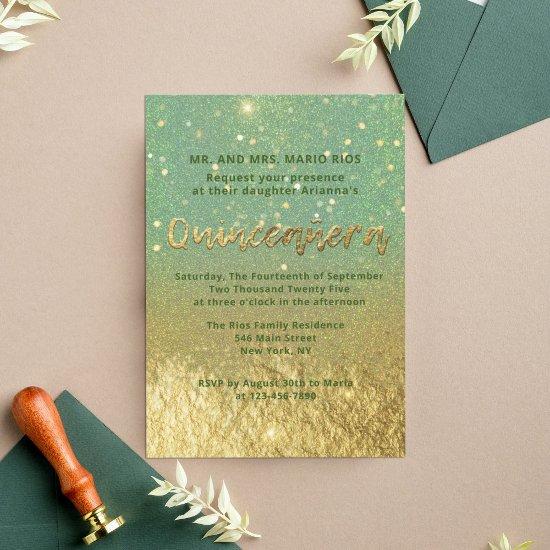 Modern Glam Teal And Gold Glitter Foil Quinceañera
