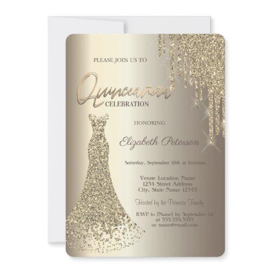 Modern Glitter Drips Champagne Dress Quinceañera