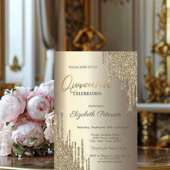 Modern Glitter Drips Champagne Gold Quinceañera