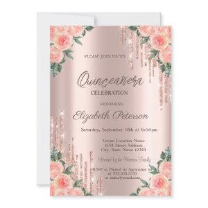 Modern Glitter Drips Floral Rose Gold Quinceanera