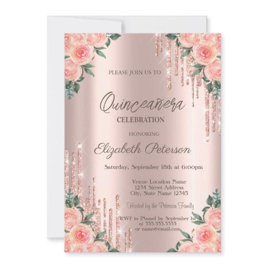 Modern Glitter Drips Floral Rose Gold Quinceanera