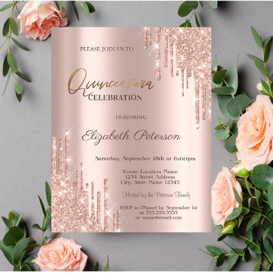 Modern Glitter Drips Rose Gold  Quinceañera