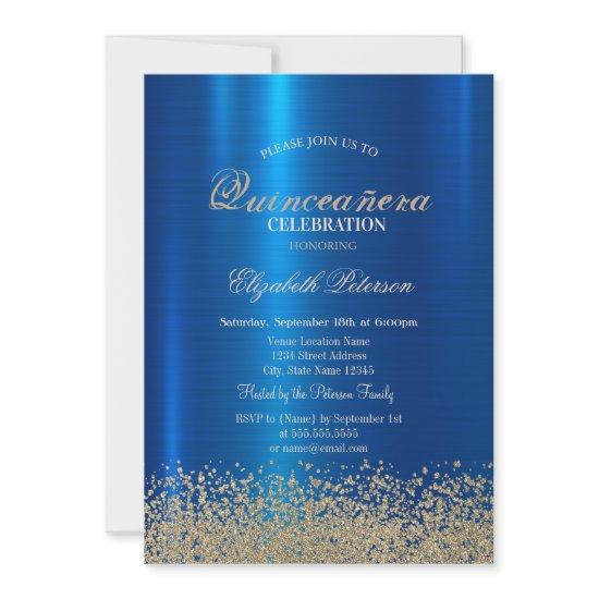 Modern Gold Diamonds Blue Metallic Quinceañera