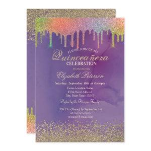 Modern Gold Diamonds Rainbow Drips Quinceañera