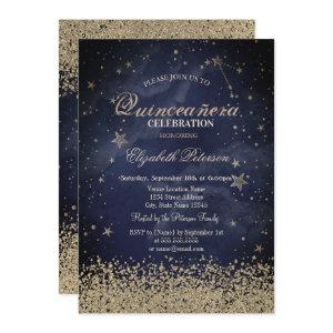 Modern Gold Diamonds Stars Dark Blue Quinceañera