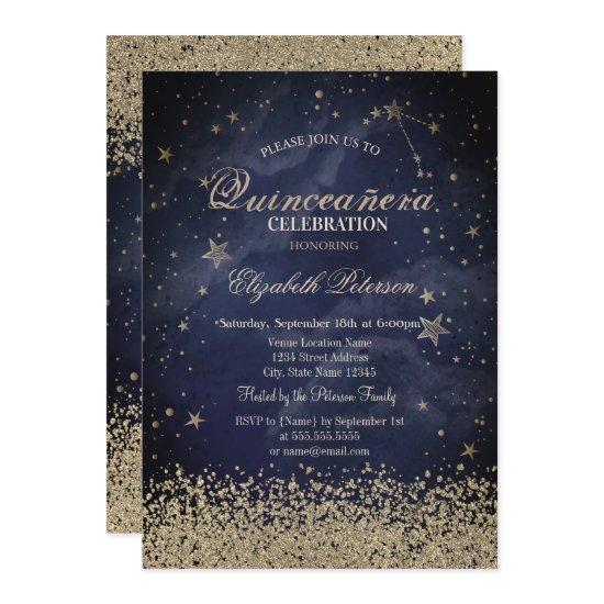 Modern Gold Diamonds Stars Dark Blue Quinceañera