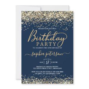 Modern Gold Glitter and Navy Blue Any Age Birthday