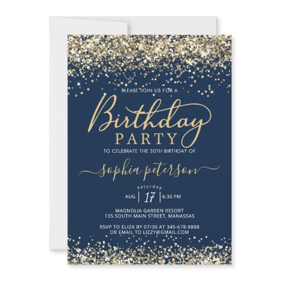 Modern Gold Glitter and Navy Blue Any Age Birthday