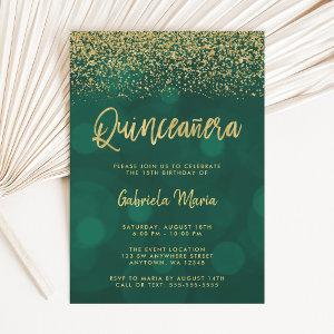 Modern Green Bokeh Gold Glitter Quinceanera