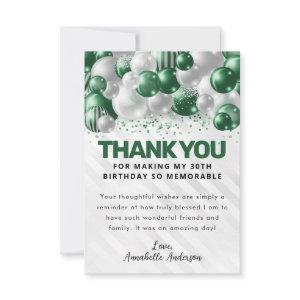 Modern Green Silver Balloon Glam Glitter Birthday Thank You Card