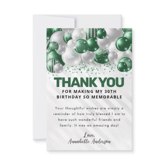 Modern Green Silver Balloon Glam Glitter Birthday Thank You Card