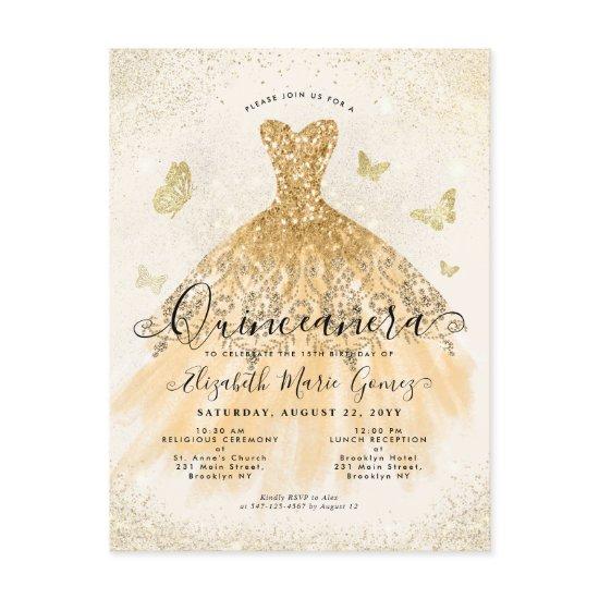 Modern Light Yellow Gold Glitter Gown Quinceanera Postcard