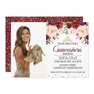 Modern Maroon Floral Photo Quinceañera