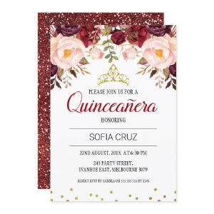 Modern Maroon Floral Watercolor Quinceañera