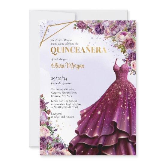 Modern mauve and gold floral formal long dress