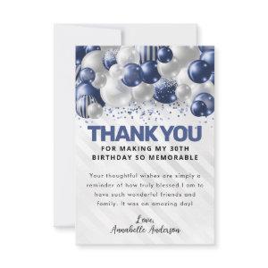Modern Navy Blue Silver Balloon Glitter Birthday Thank You Card