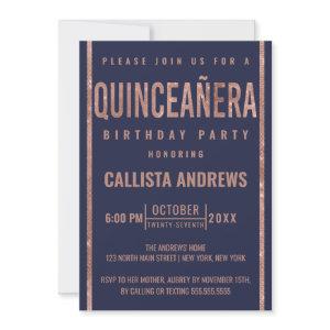 Modern Navy Rose Gold Glitter Frame Quinceañera
