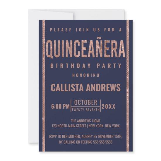 Modern Navy Rose Gold Glitter Frame Quinceañera