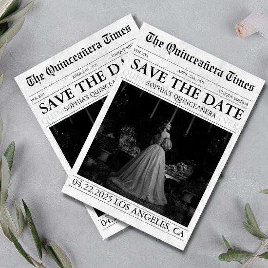 Modern newspaper quinceañera photo save the date