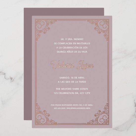 Modern Ornate Frame Blush Pink Quinceañera Gold Foil