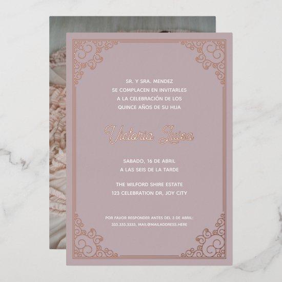 Modern Ornate Frame Blush Pink Quinceañera Photo Foil