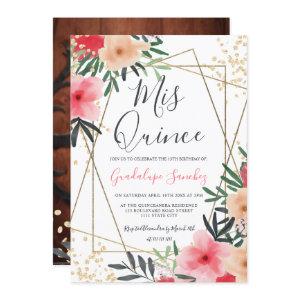 Modern pink red floral gold photo quinceanera