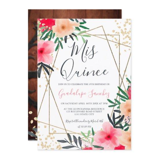 Modern pink red floral gold photo quinceanera
