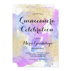 Modern pink watercolor gold glitter Quinceanera