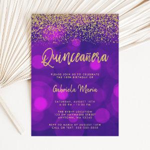 Modern Purple Bokeh Gold Glitter Quinceanera