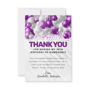 Modern Purple Silver Balloon Glam Glitter Birthday Thank You Card