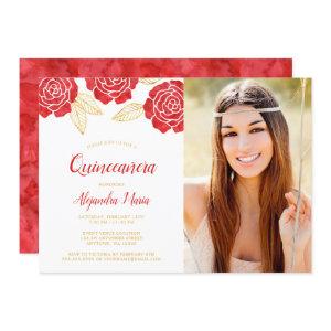 Modern Red Gold Roses Quinceanera Photo
