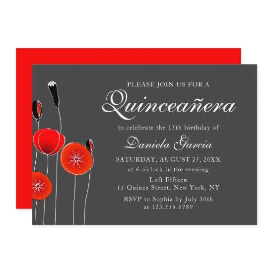 Modern Red Poppy Floral Botanical Quiceanera