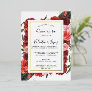 Modern Red Rose Floral Quinceanera Gold Foil