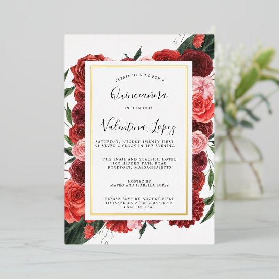 Modern Red Rose Floral Quinceanera Gold Foil