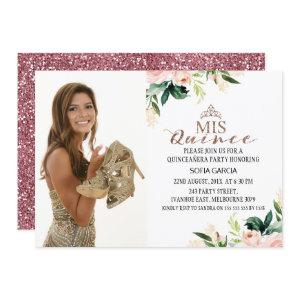 Modern Rose Gold Floral Photo Quinceañera