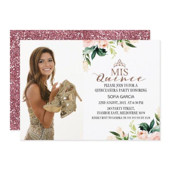 Modern Rose Gold Floral Photo Quinceañera
